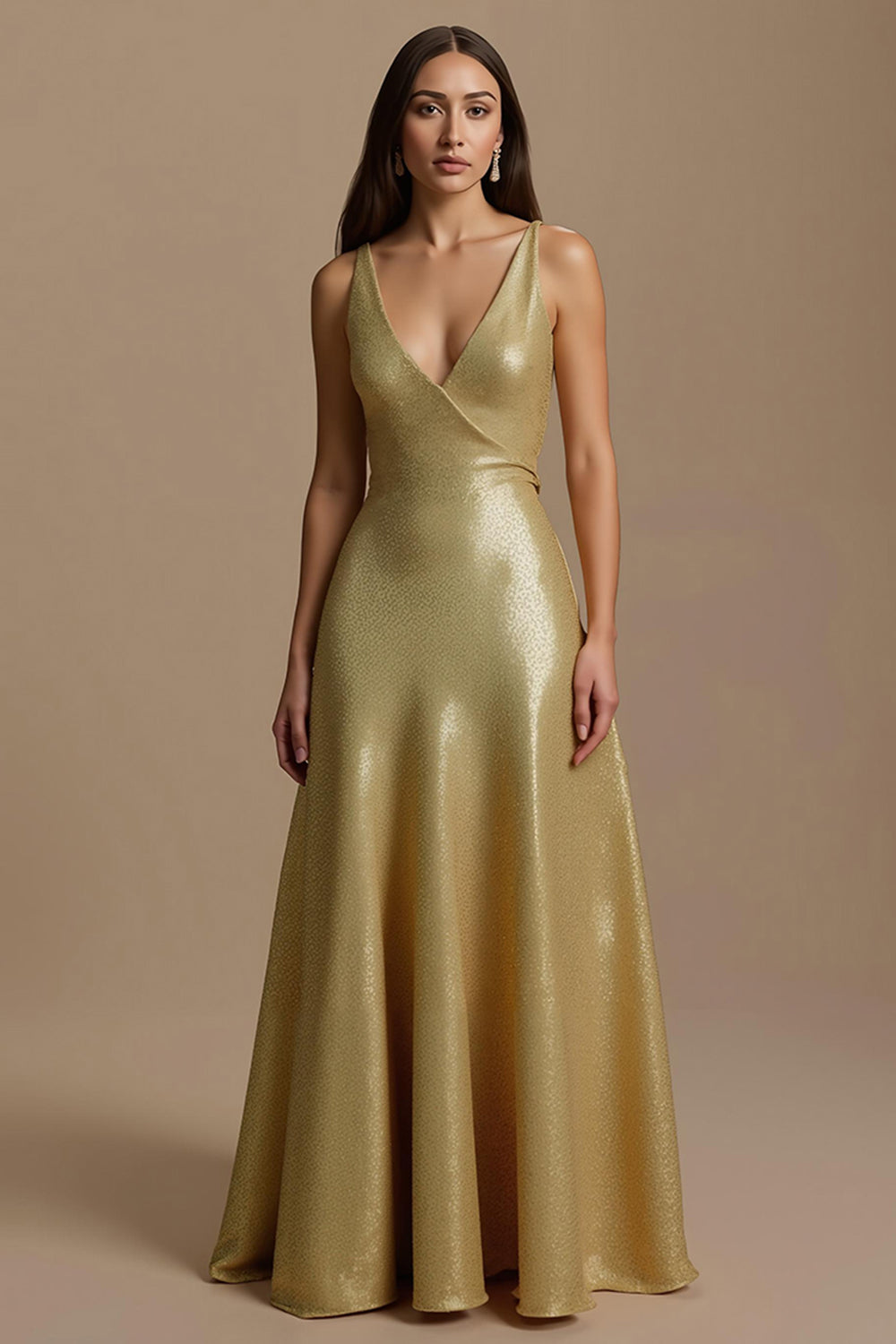 Sparkly Golden A Line Sequin V-Neck Backless Long Holiday Party Dress