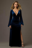 Maxi Royal Blue Velvet Sheath V-Neck Holiday Party Dress with Slit