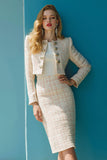 Ivory Tweed 2 Piece Pencil Midi Pageant Interview Outfits with Buttons