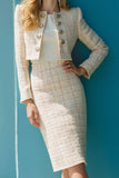 Ivory Tweed 2 Piece Pencil Midi Pageant Interview Outfits with Buttons