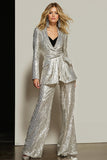 Sparkly Silver 2 Piece Sequins Wide-Leg Women Prom Suits with Sash