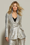 Sparkly Silver 2 Piece Sequins Wide-Leg Women Prom Suits with Sash