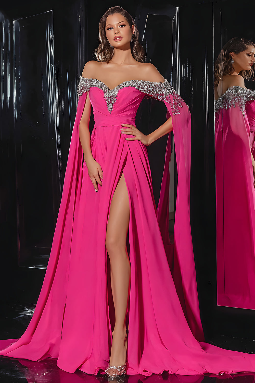Sparkly Fuchsia A Line Off the Shoulder Maxi Prom Dress with Slit
