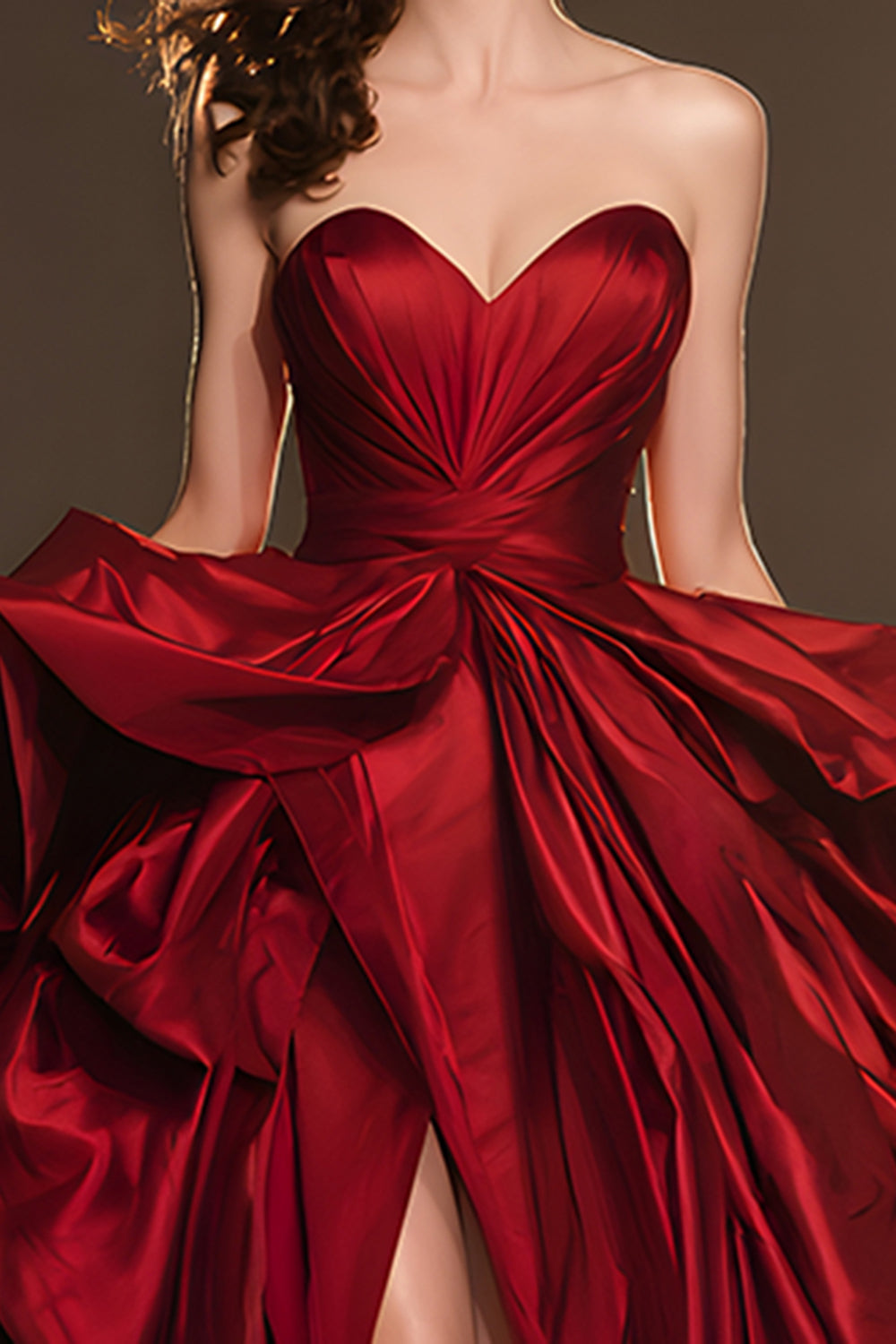 Dark Red Ball Gown Sweetheart Ruffled Long Red Carpet Dress with Slit