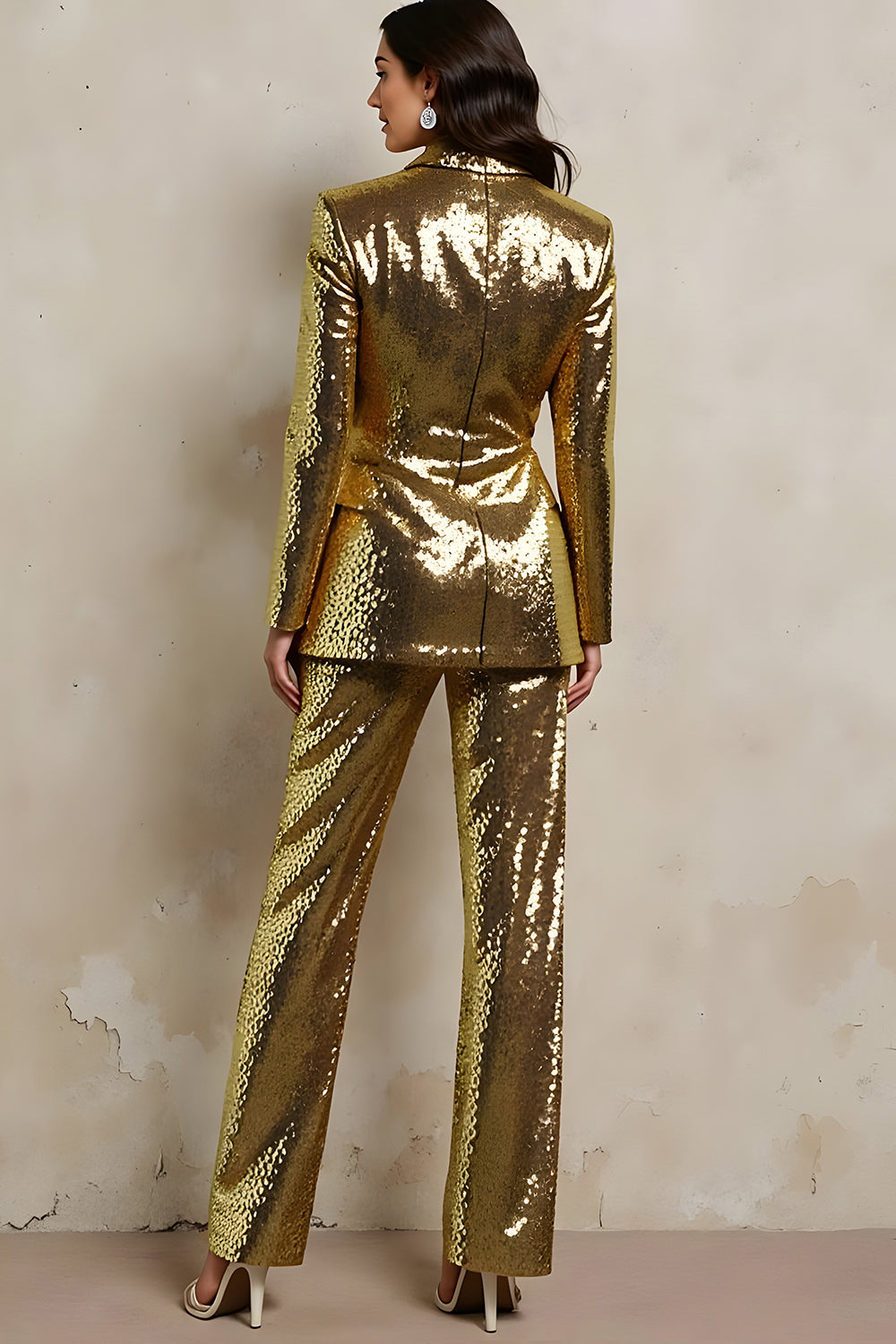 Sparkly Golden Peak Lapel Sequins Women Prom Suits