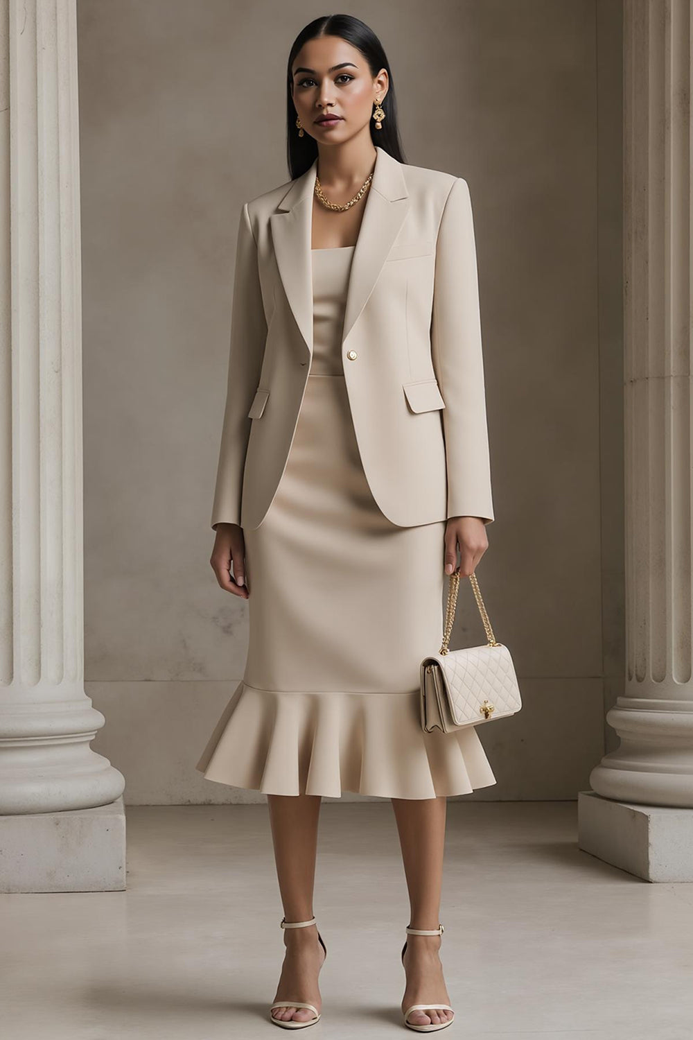 Champagne Mermaid 2 Piece Notched Lapel Midi Business Suits