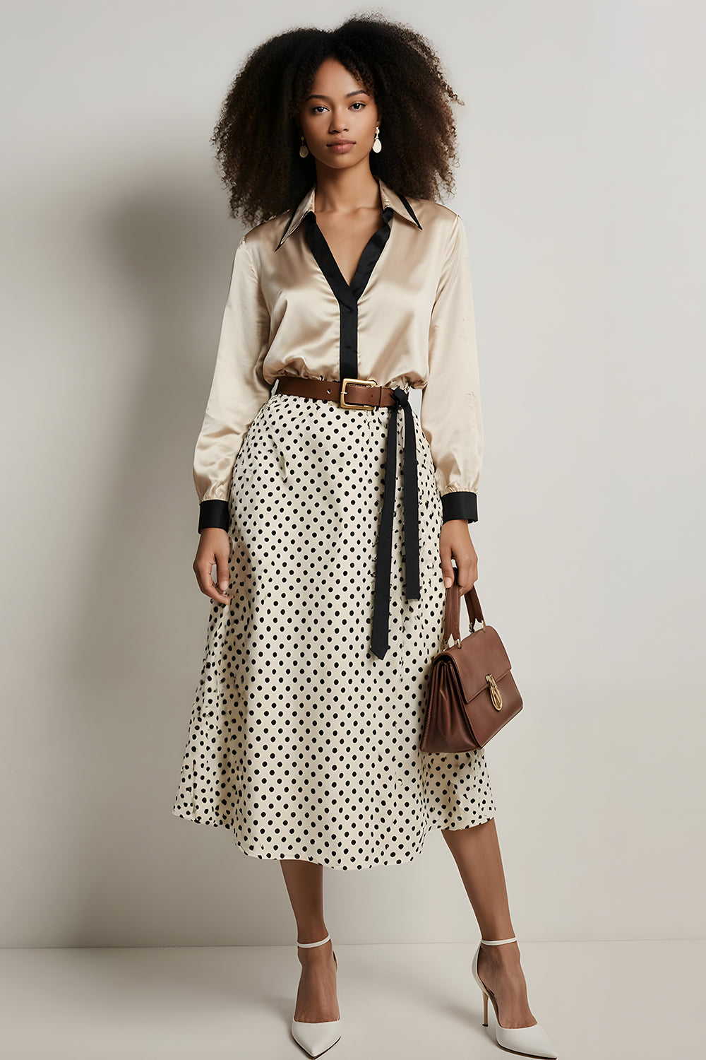 Champagne 2 Piece A-Line Satin Long Sleeves Midi Workwear