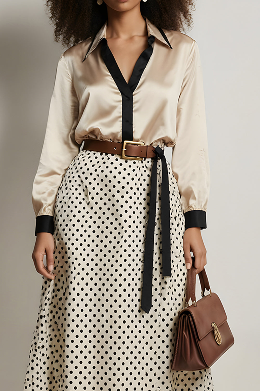 Champagne 2 Piece A-Line Satin Long Sleeves Midi Workwear