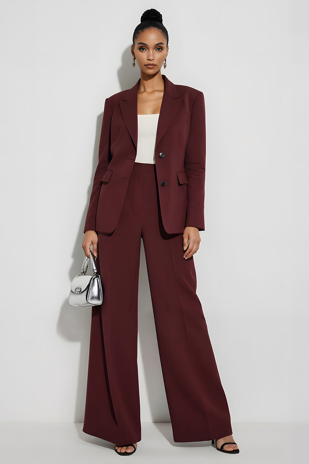 Burgundy 2 Piece Notched Lape Long Sleeves Single Breasted Business Suits