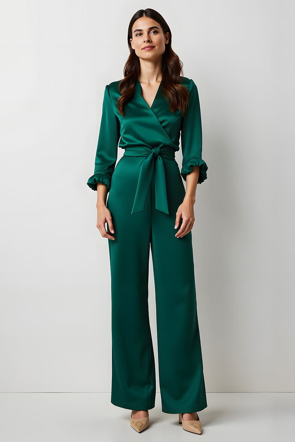 Dark Green V-Neck Satin Long Sleeves Business Jumpsuits