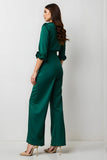 Dark Green V-Neck Satin Long Sleeves Business Jumpsuits