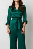 Dark Green V-Neck Satin Long Sleeves Business Jumpsuits