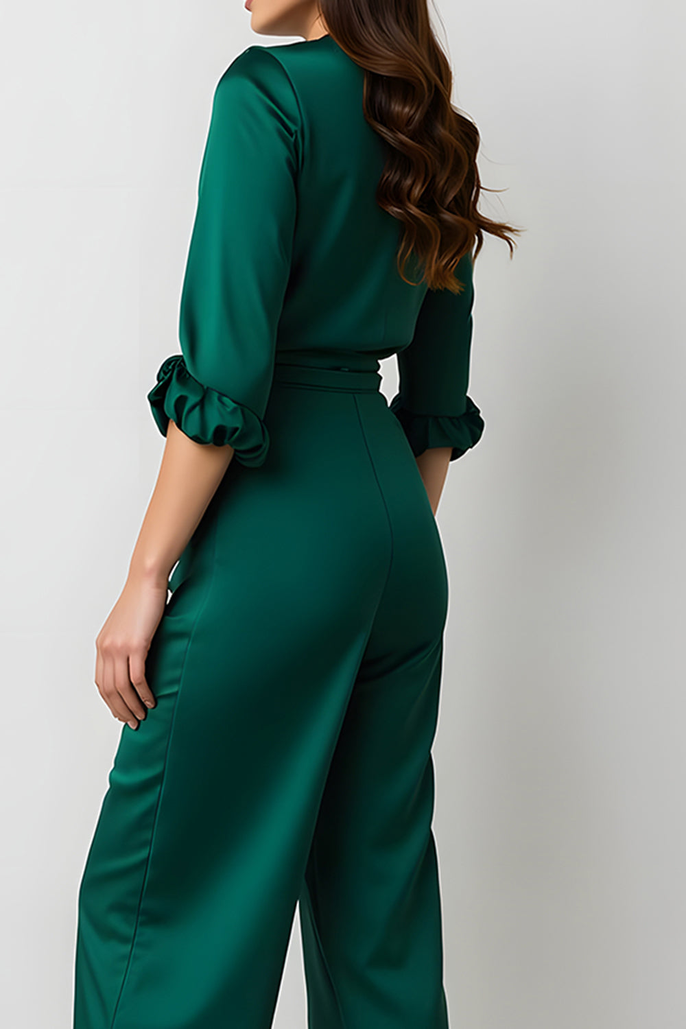 Dark Green V-Neck Satin Long Sleeves Business Jumpsuits
