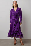 Dark Purple Long Sleeves Notched Lapel Work Dress with Ruffles