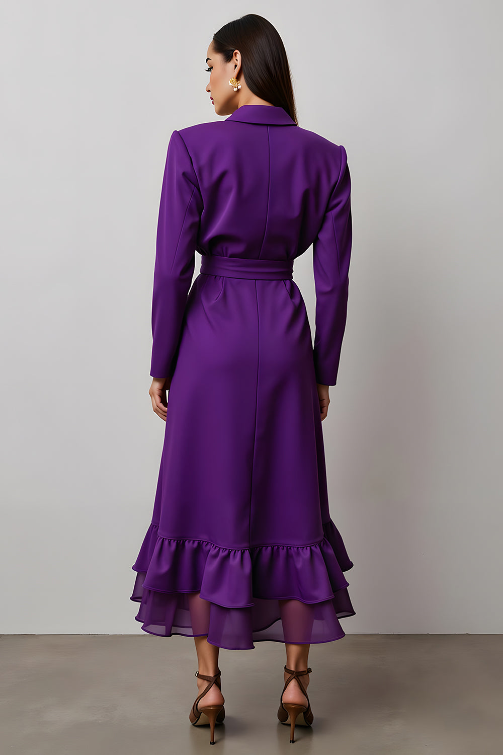 Dark Purple Long Sleeves Notched Lapel Work Dress with Ruffles