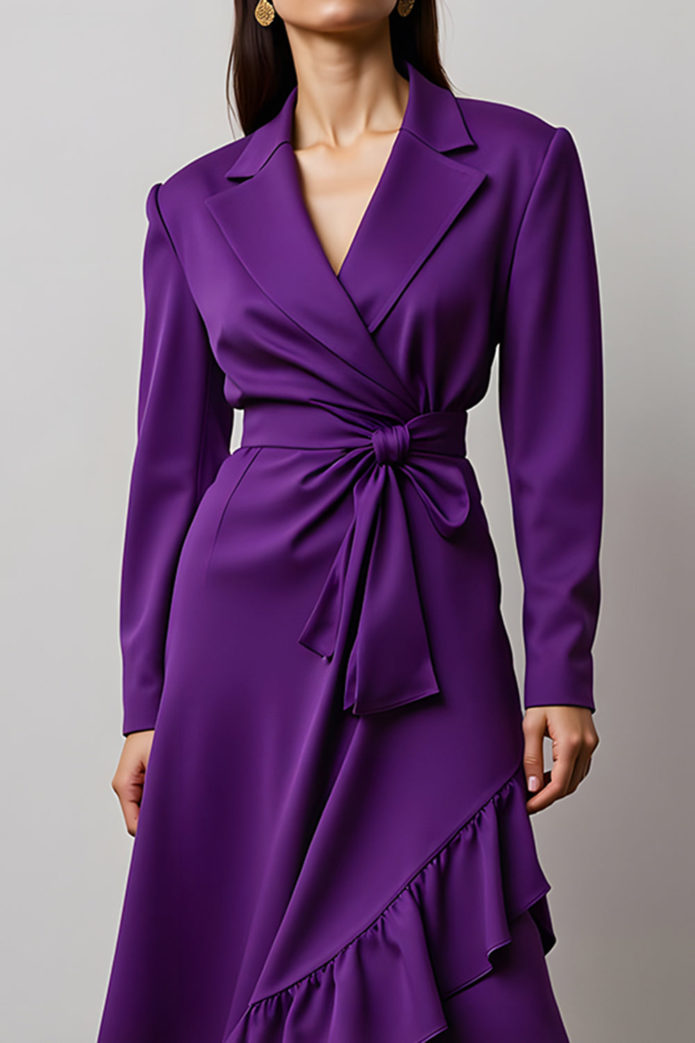 Dark Purple Long Sleeves Notched Lapel Work Dress with Ruffles