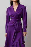 Dark Purple Long Sleeves Notched Lapel Work Dress with Ruffles