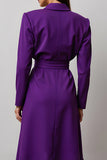 Dark Purple Long Sleeves Notched Lapel Work Dress with Ruffles