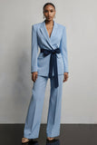 Light Blue 2 Piece Long Sleeves Peak Lapel Business Suits with Sash
