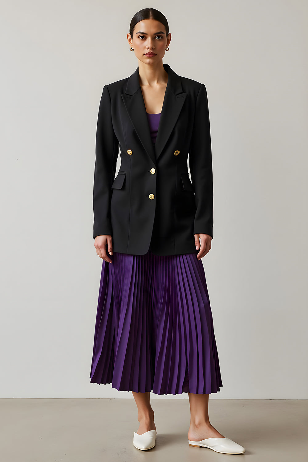 Black and Purple 2 Piece Long Sleeves Peak Lapel A-Line Pleated Business Suits