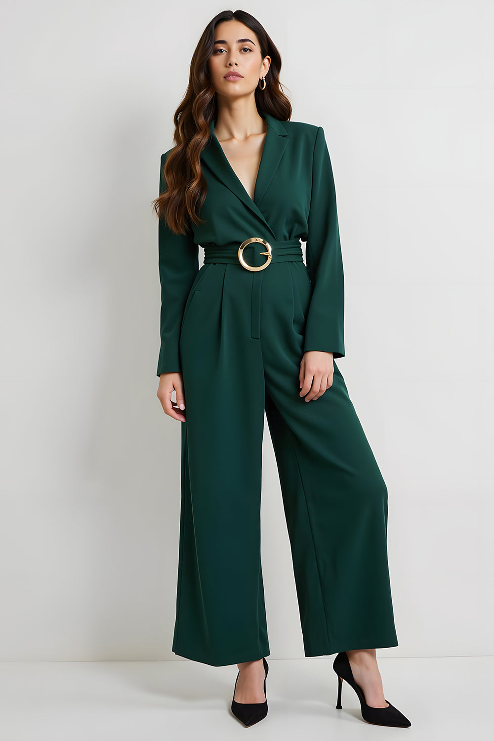 Dark Green Long Sleeves Notched Lapel Business Jumpsuits