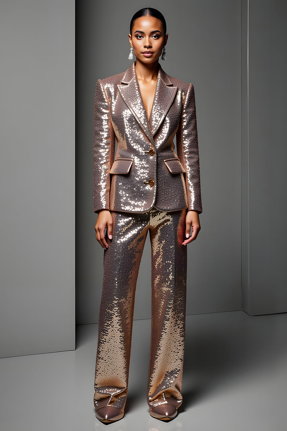 Sparkly Sequin Rose Golden 2 Piece Peak Lapel Long Sleeves Prom Suits