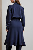 Navy 2 Piece Long Sleeves Peak Lapel Business Outfits