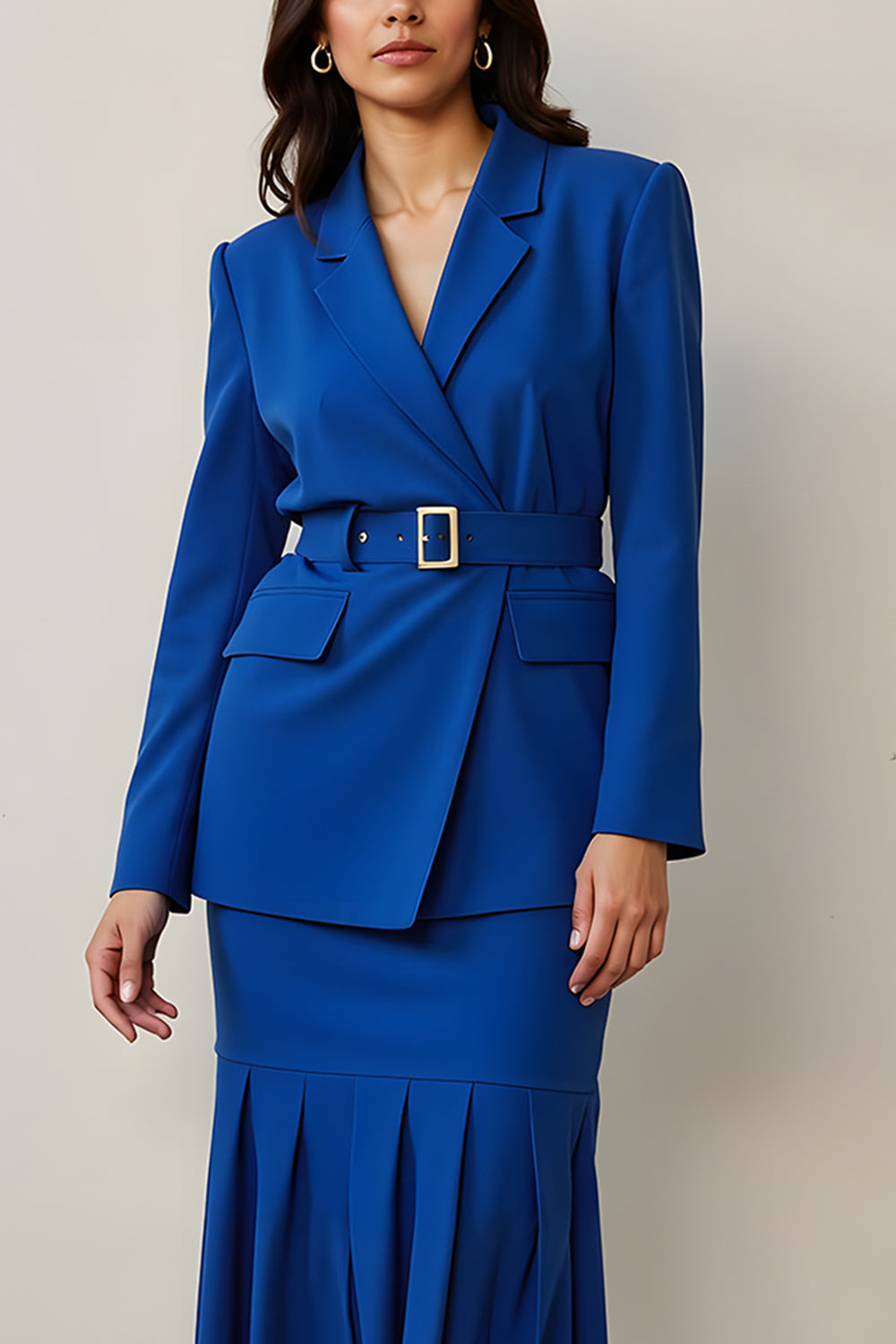 Royal Blue 2 Piece Midi Notched Lapel Long Sleeves Pencil Business Suits
