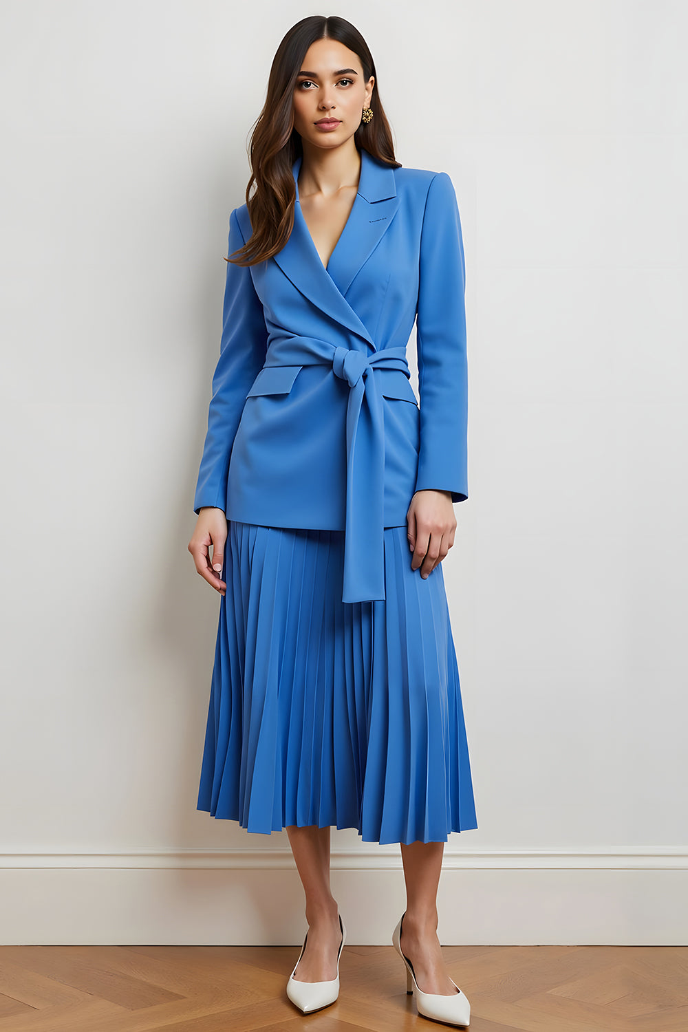 Blue 2 Piece Peak Lapel Long Sleeves Pleated Midi Business Suits