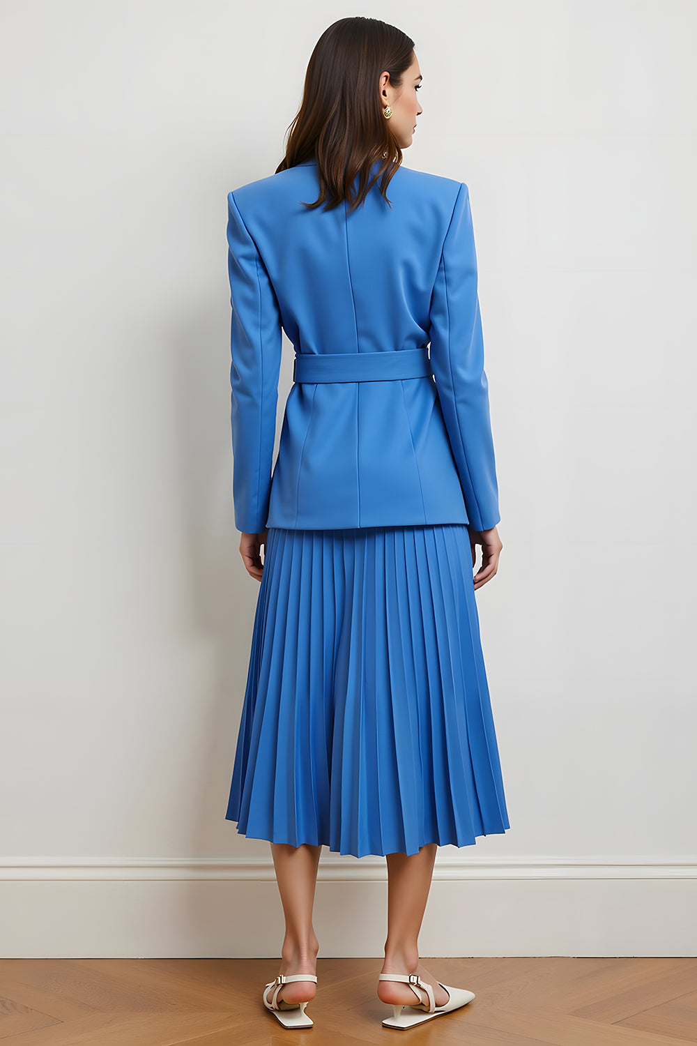 Blue 2 Piece Peak Lapel Long Sleeves Pleated Midi Business Suits