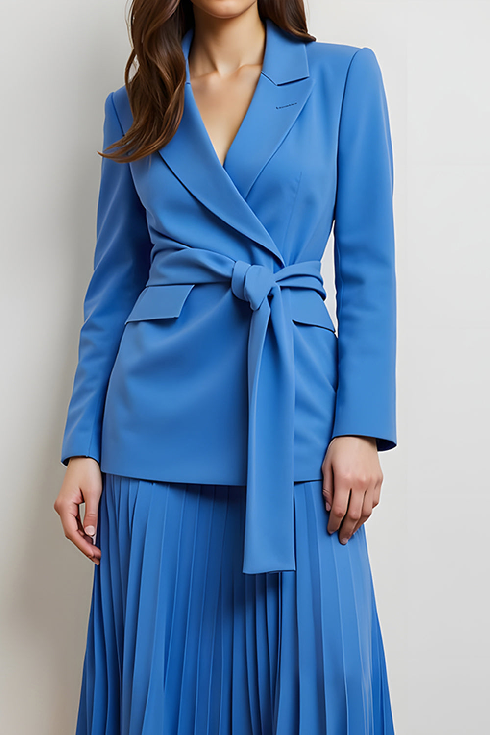 Blue 2 Piece Peak Lapel Long Sleeves Pleated Midi Business Suits