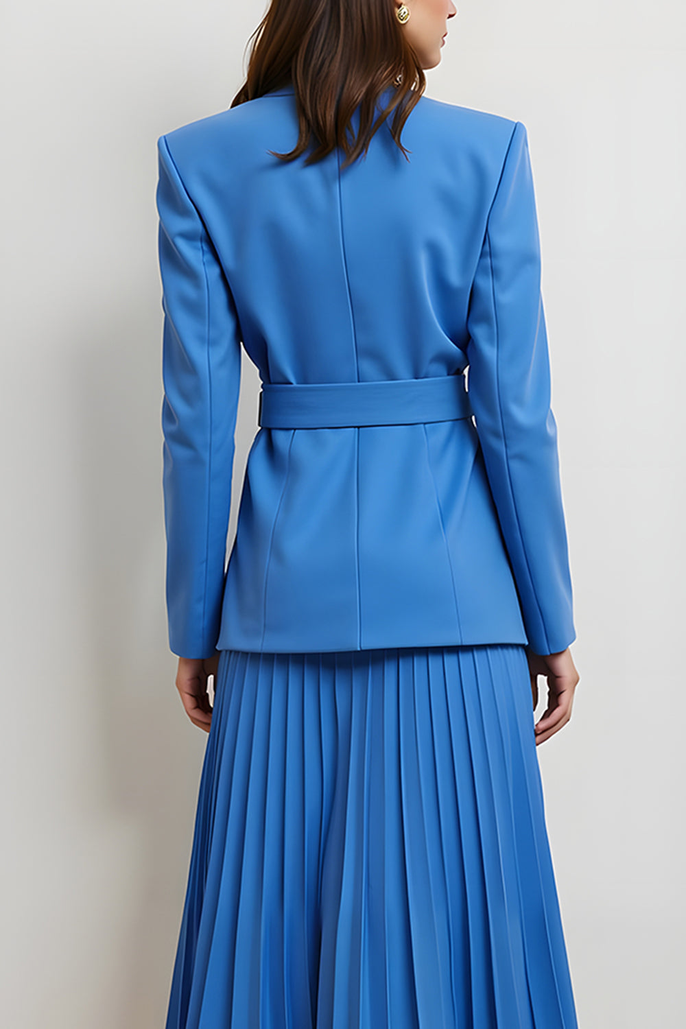 Blue 2 Piece Peak Lapel Long Sleeves Pleated Midi Business Suits