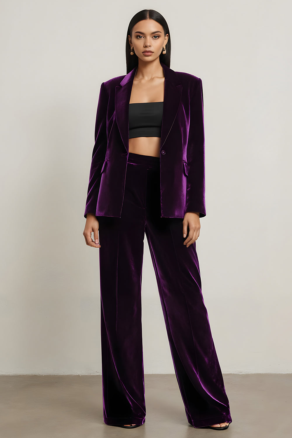 Dark Purple 2 Piece Velvet Notched Lapel Long Sleeves Prom Suits