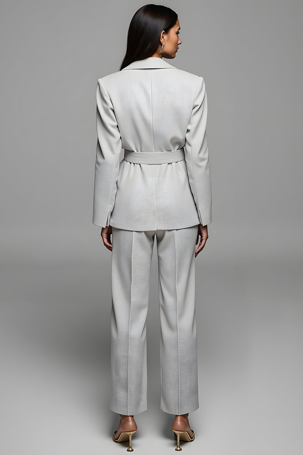 Grey 2 Piece Long Sleeves Notched Lapel Business Suits with Belt