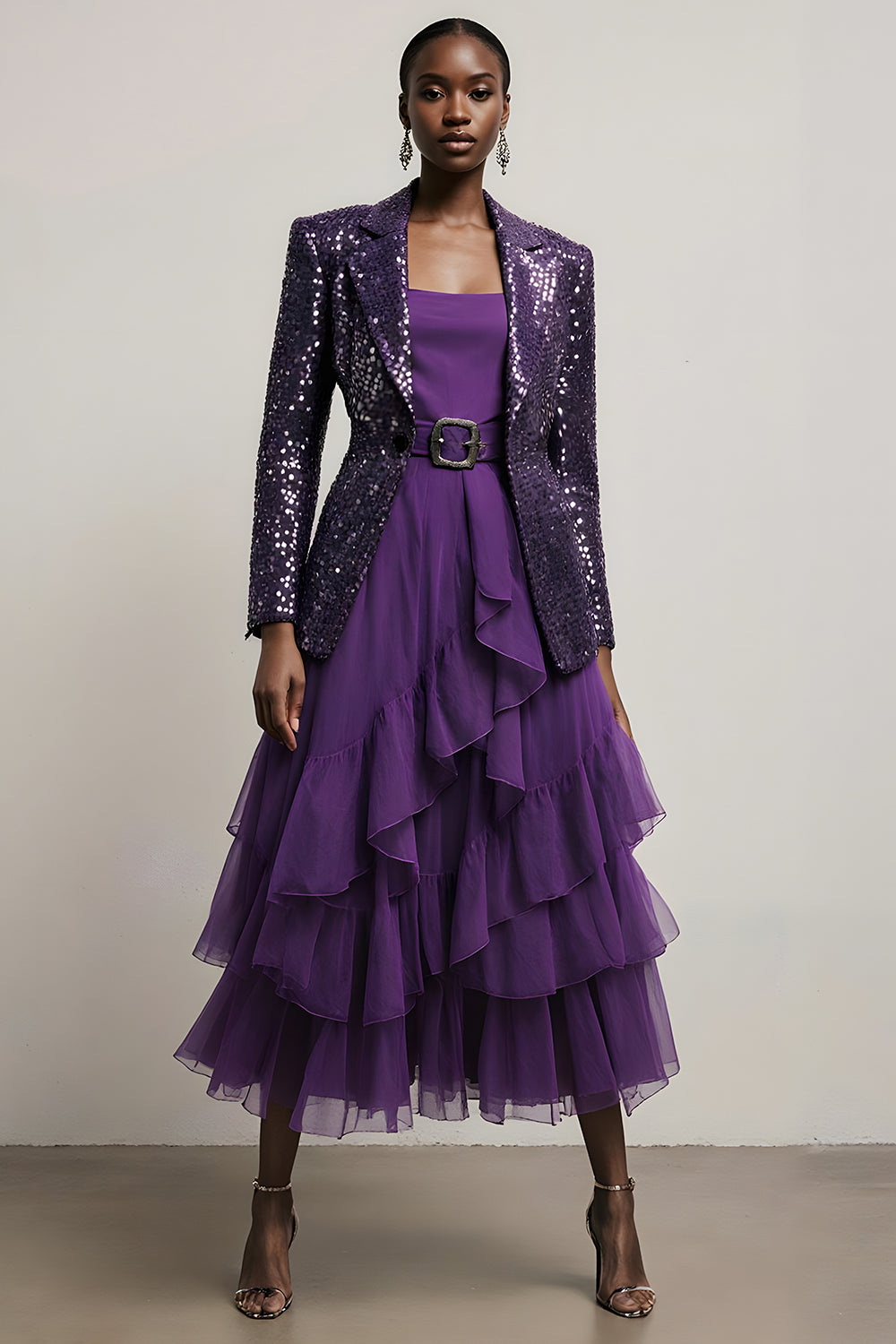 Sparkly Dark Purpke Sequin Notched Lapel 2 Piece Long Sleeves Prom Suits
