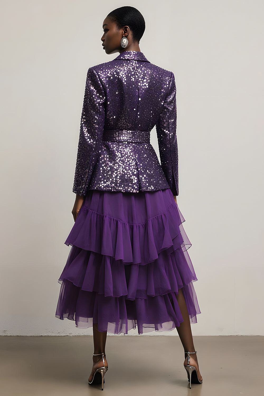 Sparkly Dark Purpke Sequin Notched Lapel 2 Piece Long Sleeves Prom Suits