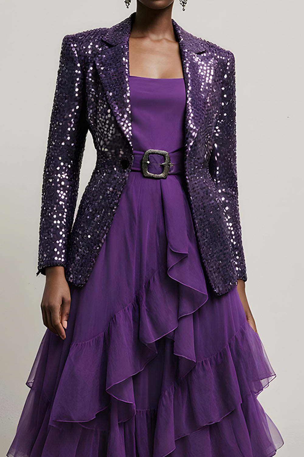 Sparkly Dark Purpke Sequin Notched Lapel 2 Piece Long Sleeves Prom Suits