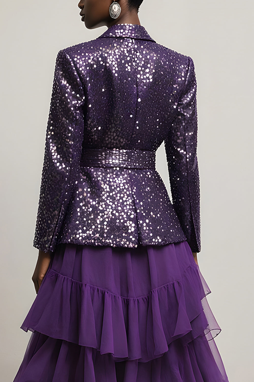 Sparkly Dark Purpke Sequin Notched Lapel 2 Piece Long Sleeves Prom Suits