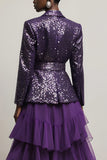 Sparkly Dark Purpke Sequin Notched Lapel 2 Piece Long Sleeves Prom Suits