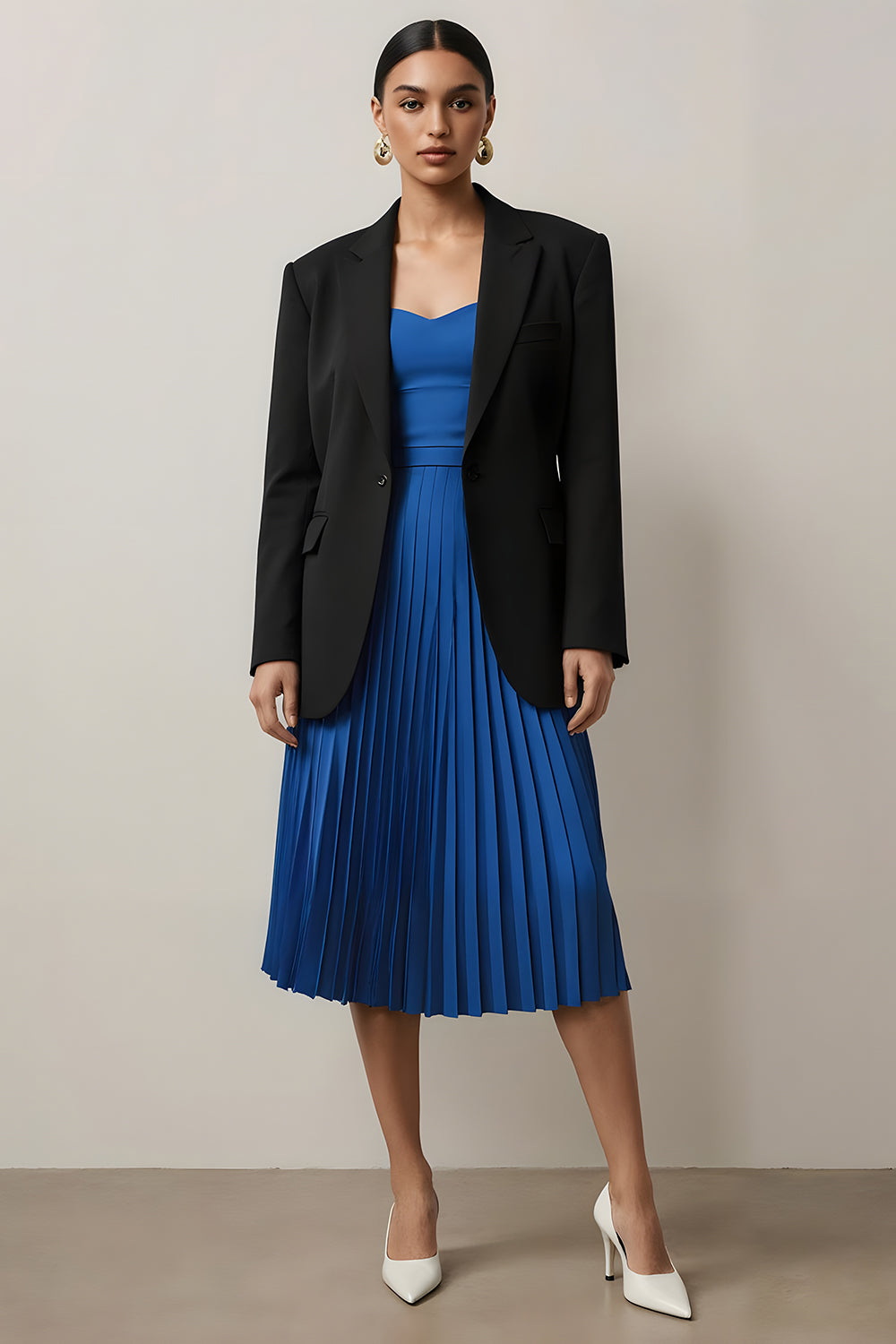 Black and Blue 2 Piece Long Sleeves Notched Lapel Pleated Midi Business Suits