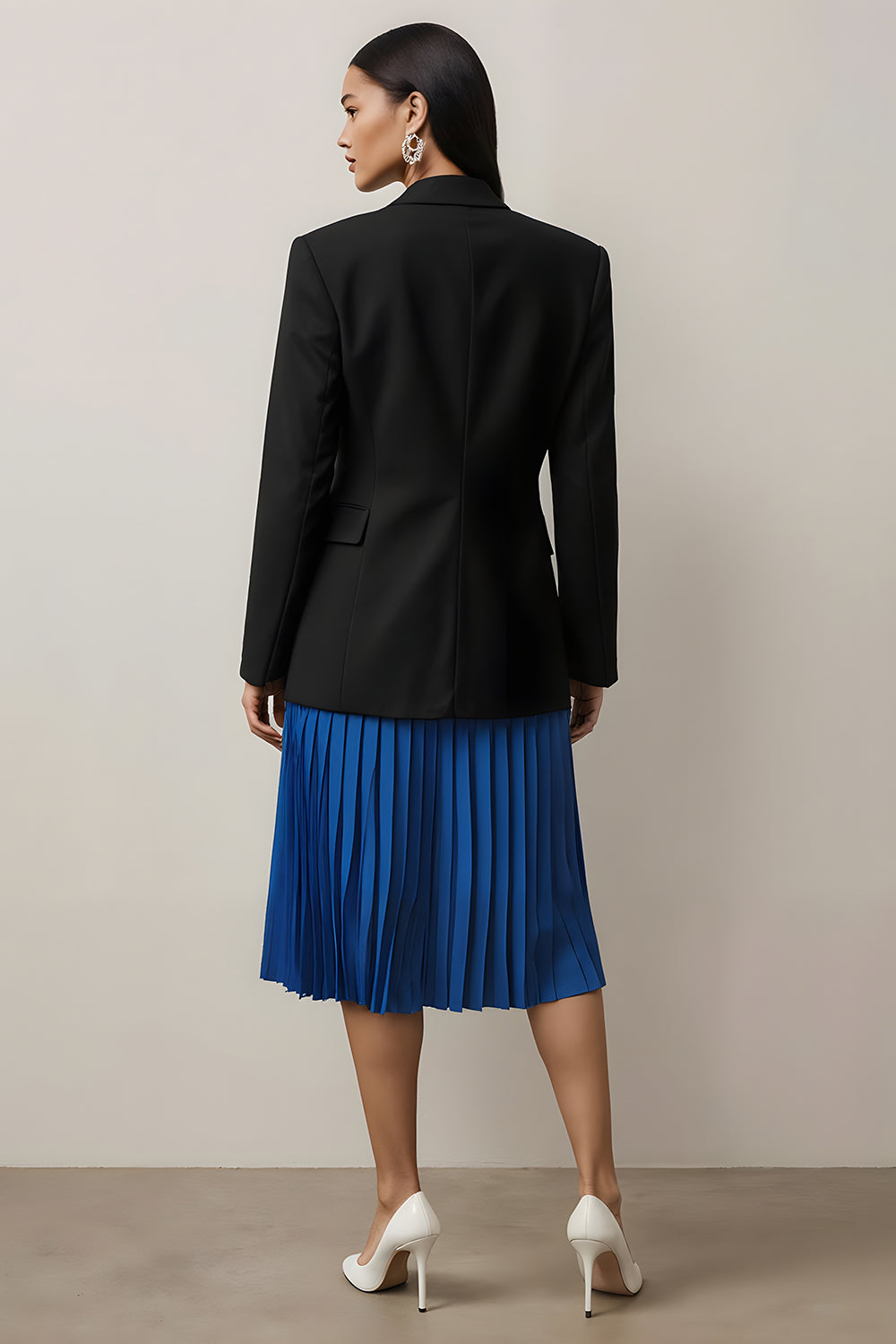 Black and Blue 2 Piece Long Sleeves Notched Lapel Pleated Midi Business Suits