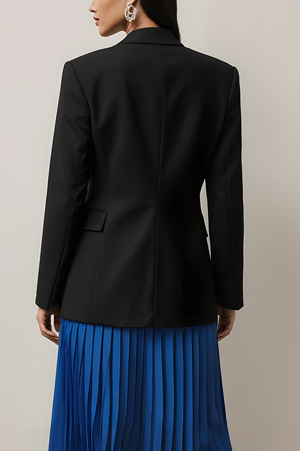 Black and Blue 2 Piece Long Sleeves Notched Lapel Pleated Midi Business Suits