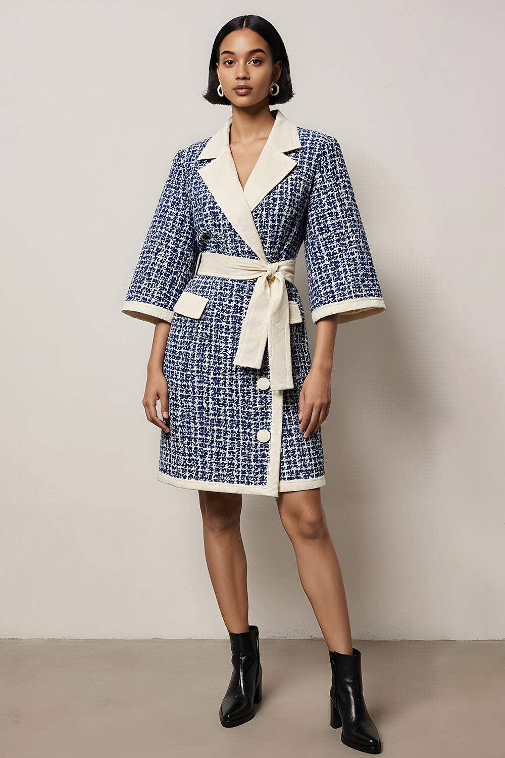 Blue Notched Lapel Tweed Pencil Long Sleeves Short Work Dress with Sash