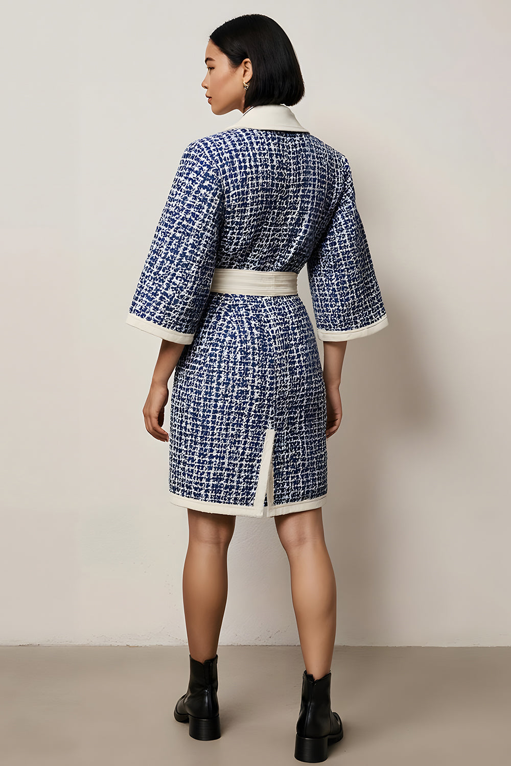 Blue Notched Lapel Tweed Pencil Long Sleeves Short Work Dress with Sash