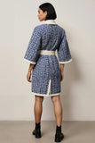 Blue Notched Lapel Tweed Pencil Long Sleeves Short Work Dress with Sash
