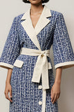 Blue Notched Lapel Tweed Pencil Long Sleeves Short Work Dress with Sash