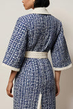 Blue Notched Lapel Tweed Pencil Long Sleeves Short Work Dress with Sash