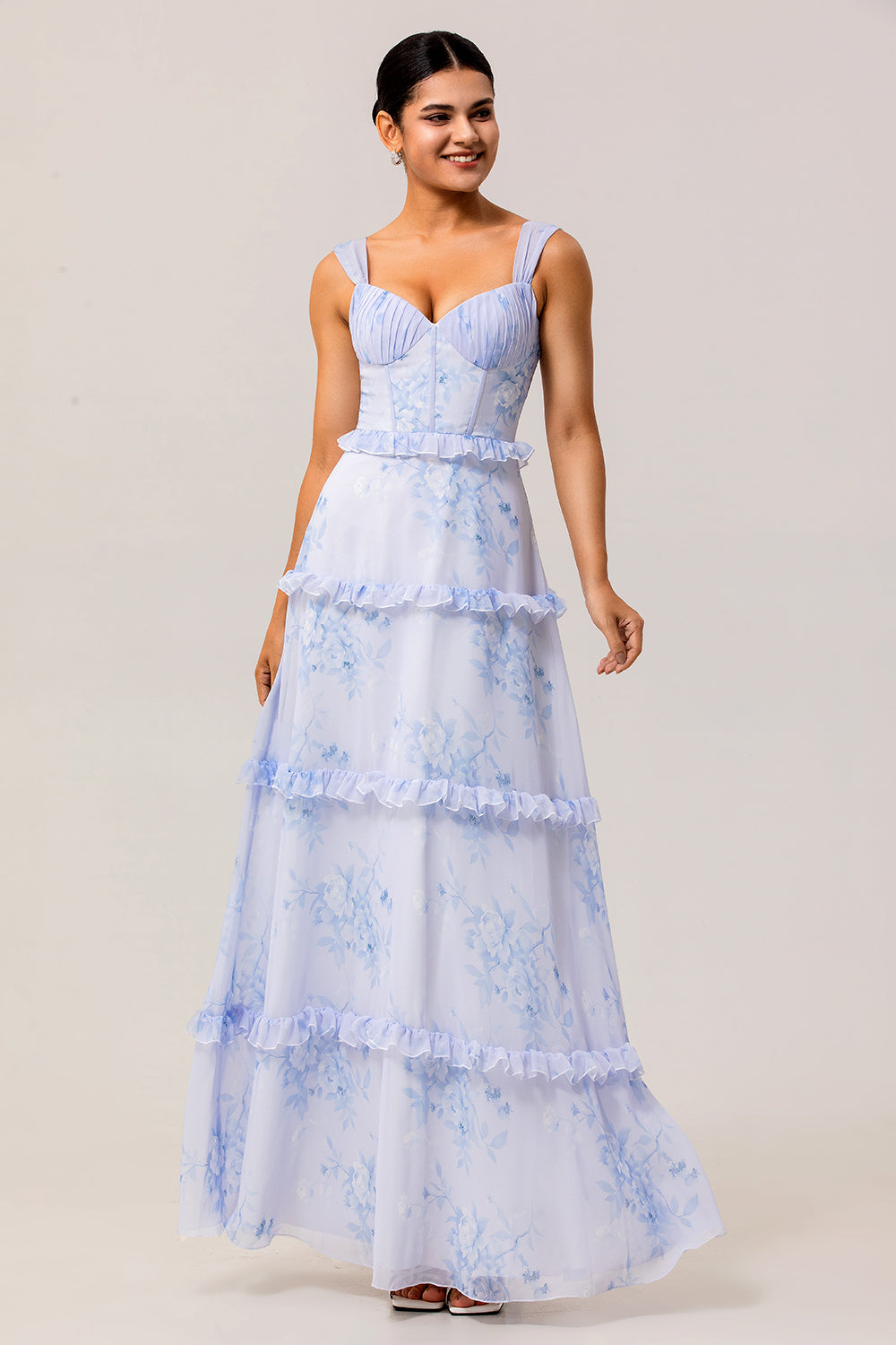 Blue Corset Floral Chiffon Maxi Wedding Guest Dress with Ruffles