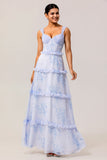 Blue Corset Floral Chiffon Maxi Wedding Guest Dress with Ruffles
