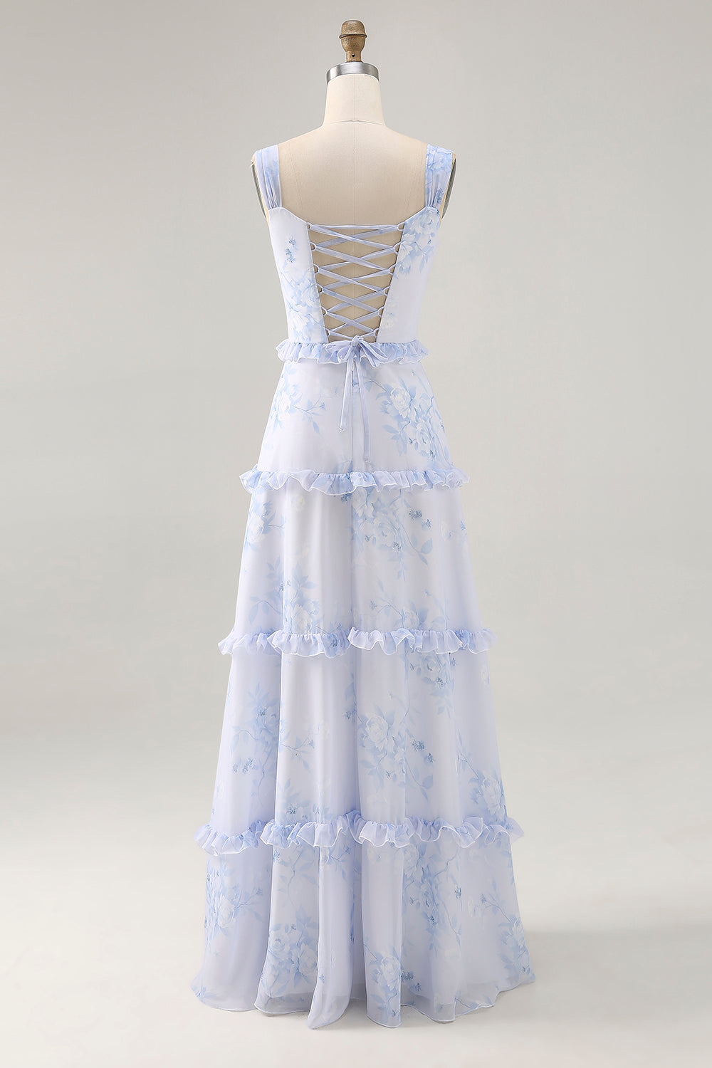 Blue Corset Floral Chiffon Maxi Wedding Guest Dress with Ruffles